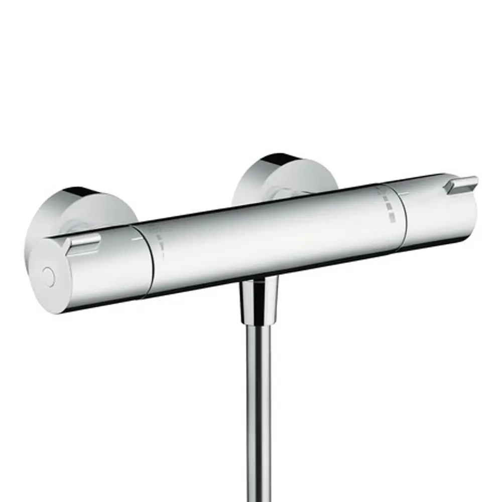 Hansgrohe Thermostat für die Wandmontage mit zwei Reglergriffen. Verchromte Oberfläche, kompakte Bauform, geeignet für die Regelung von Wassertemperatur und -fluss.